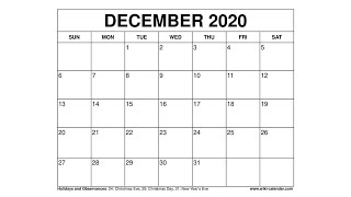 Free Printable December 2020 Calendar  WikiCalendarCom [upl. by Aerdnaed]