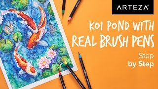 Watercolor Technique  How to Paint a Stunning Koi Pond Using Real Brush Pens [upl. by Valleau]