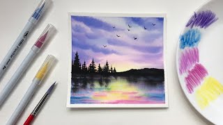 Forest Sunset Watercolor Painting for Beginners  Using Brush Pens [upl. by Adigun]