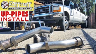 2001 F350 73  RiffRaff UpPipes Install  Stock up pipes leaking and falling apart JUNK SP [upl. by Neyut424]